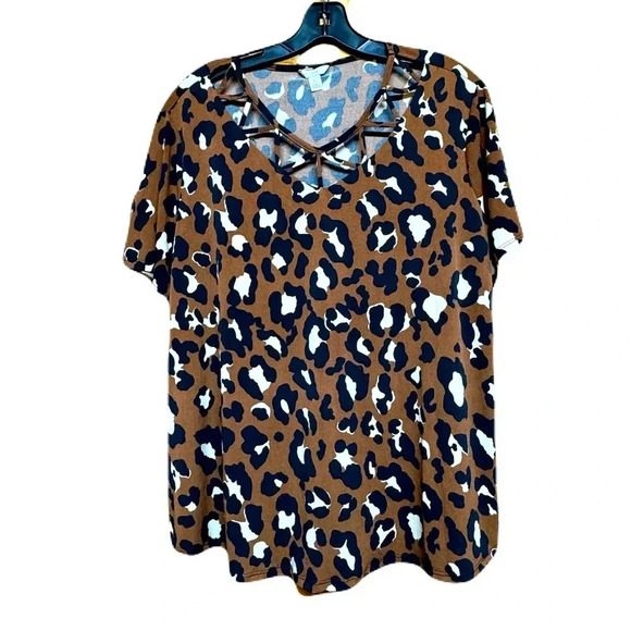EST.1946 Womens Leopard Print V Neck Short Sleeve Tunic Blouse T Shirt Large - Picture 1 of 4